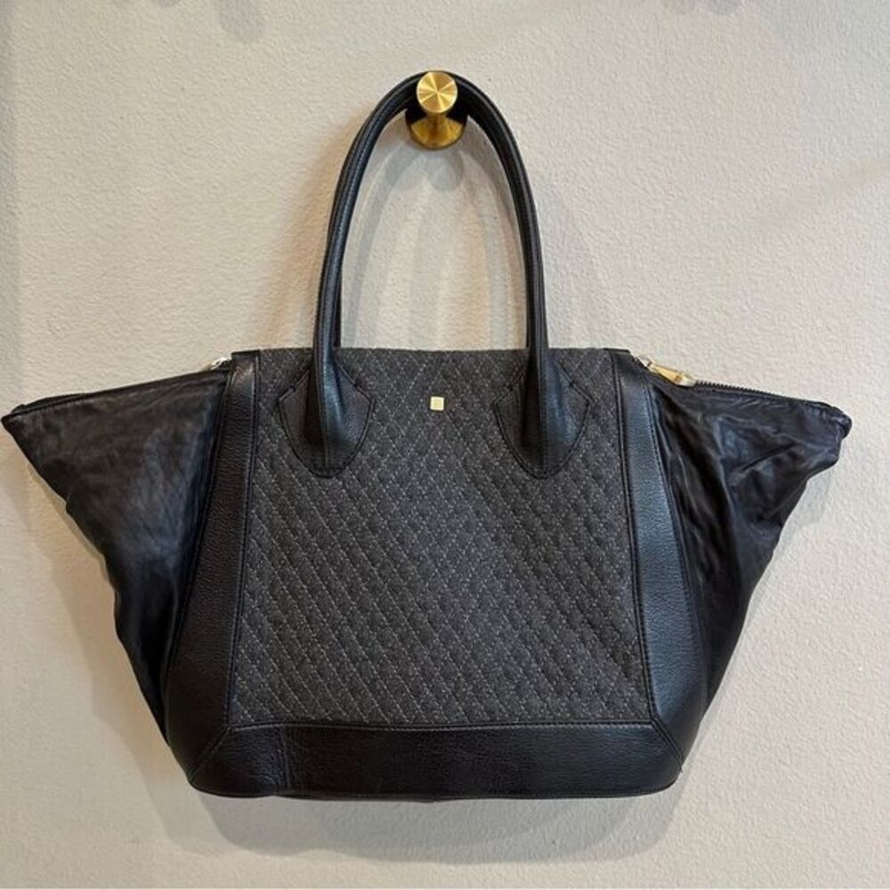 Pour La Victoire | extra large black quilted wool and leather trapeze bag tote